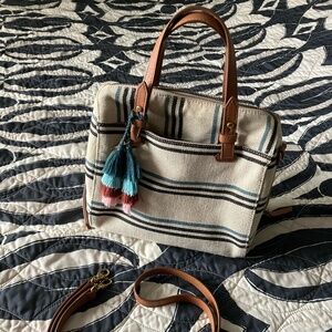 Fossil satchel handbag in beige/striped with blue and pink tassel and gold key